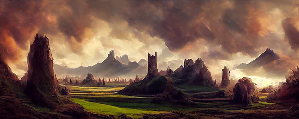 Pintura Paisagem Medieval Digital Castelos Entre Colinas Montanhas Campos Verdes — Fotografia de Stock