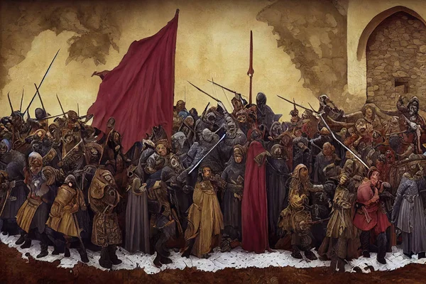 Abstrakcyjny Średniowieczny Obraz Epoce Feudalizmu Postacie Religijne Żołnierze Stoją Kolejce — Zdjęcie stockowe