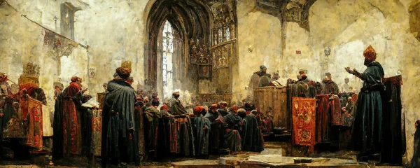 Predicando Chiesa Dipinto Medievale Con Sacerdote Fronte Una Folla Persone — Foto Stock