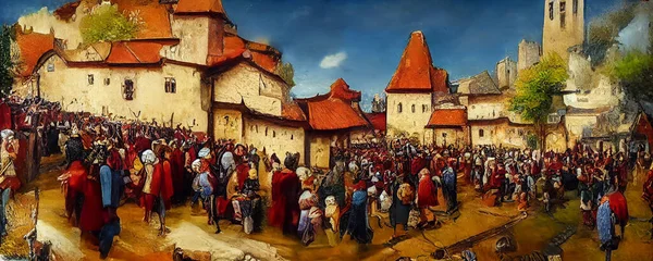 中世の封建的な町の絵画 群衆は町の中心部に集まり 中世の農民 古いキャンバスアート コンセプトアート絵画 — ストック写真