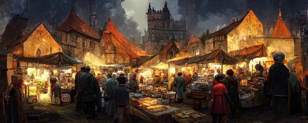 Painting of a medieval feudal township at night, crowds gathered in the town\'s centre, peasants in the Middle Ages, olden canvas art, concept art painting, historic artwork