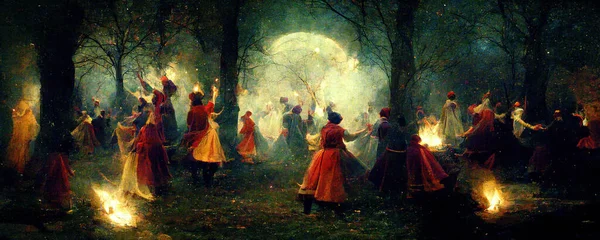 森の中で夜に火の周りで踊るドレスを着た異教の女性の中世のイラスト 異教の祭りの中で中世の暗黒時代の歴史的なデジタルアート作品の中で異教のダンスを行うパガン — ストック写真