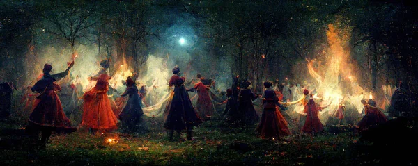 Illustration Médiévale Célébrations Païennes Dansant Autour Feu Nuit Dans Une — Photo