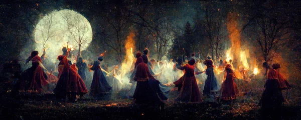 森の中で夜に火の周りに踊るドレスで異教のお祝いの中世のイラスト 異教の祭りの中で中世の暗黒時代の歴史的なデジタルアートワークの中で異教のダンスを行う異教 — ストック写真