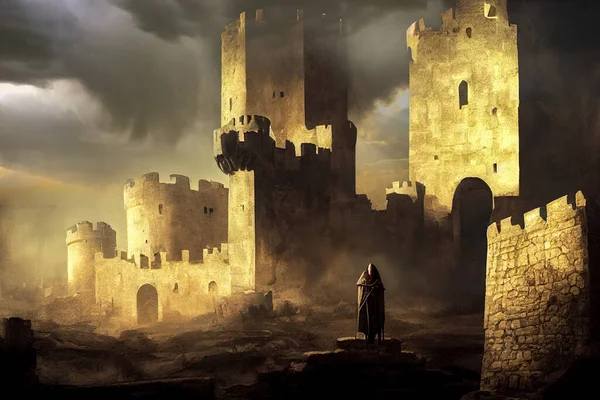 Ortaçağ Haçlı Kulesi Önünde Bir Şövalye Duruyor Avrupa Nın Karanlık — Stok fotoğraf