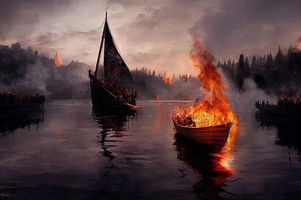 An ancient viking funeral with a boat set on fire, burning. Traditional norse burial by burning a boat in the water. Medieval Scandinavian death ritual in a historic digital illustration wallpaper.