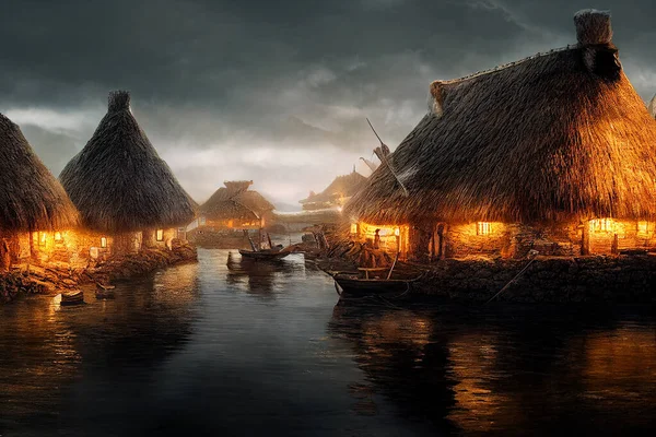 Antik Vikingabyn Vid Sjön Natten Med Ljus Som Lyser Upp — Stockfoto