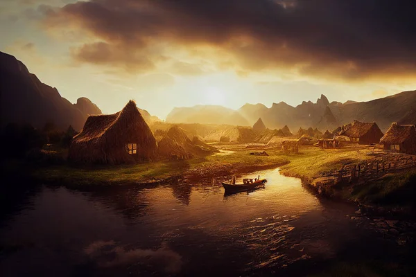 Antique Viking Χωριό Δίπλα Στη Λίμνη Στη Χρυσή Ώρα Ανατολή — Φωτογραφία Αρχείου