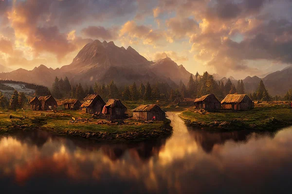 Antika Vikingabyn Vid Sjön Den Gyllene Timmen Soluppgången Orange Nyanser — Stockfoto