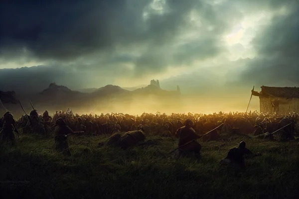 Viking Raiding Party Fighting Battlefield Sunset Silhouettes Vikings Ancient Historic — Stock Photo, Image