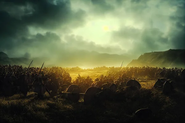 中世の戦いで戦うバイキングたち サクソンに対する通常の襲撃で戦場でのバイキング戦士 バイキング戦争のデジタルアートワークと戦う異邦人 — ストック写真