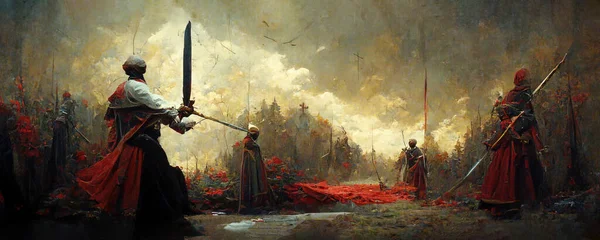 兵士の戦いは 主人公の剣を振るう 中世の絵画作品 夕方に戦闘や十字軍をフィーチャー抽象的な歴史的な芸術 — ストック写真