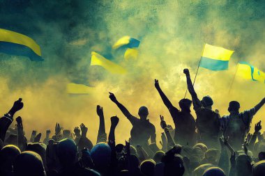 Ukrayna Rusya 'ya karşı savaşı kazandıktan sonra bayraklar göndere çekiliyor. Mavi ve sarı bayraklar sallayan askerlerle muzaffer Ukrayna milleti. Ukrayna zaferinin yer aldığı dijital sanat eserleri, ordu kutlamaları.