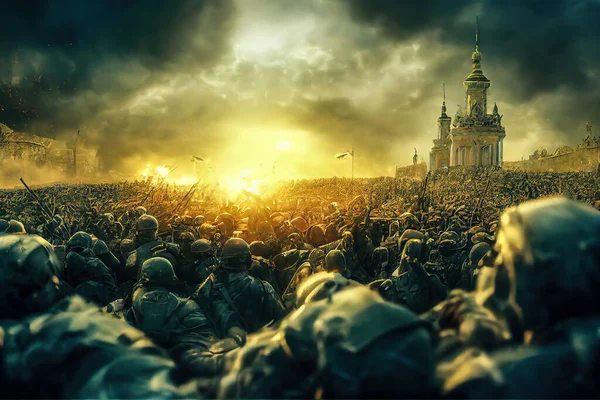Cyfrowa Ilustracja Przedstawiająca Armię Ukraińskich Żołnierzy Gotowych Bronić Swojego Kraju — Zdjęcie stockowe