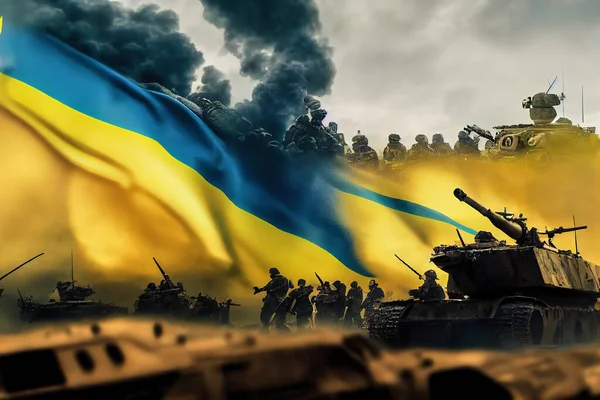 蓝色和黄色旗帜前的乌克兰防守者的轮廓的数字图像 坦克和乌克兰军队在对俄战争中保卫国家 东欧的自由战争 — 图库照片