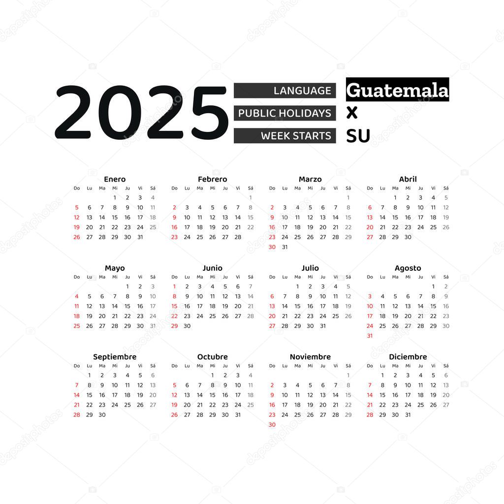 Guatemala calendario 2025. La semana comienza el domingo. Diseño