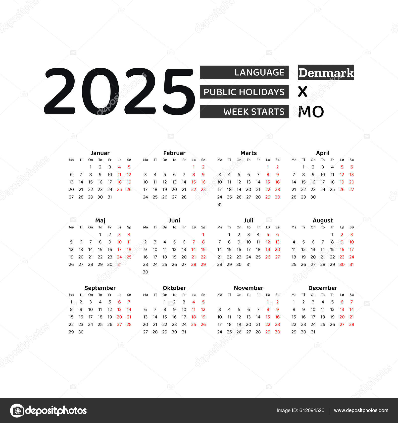 Denmark calendar 2025 week starts monday vector graphic design danish