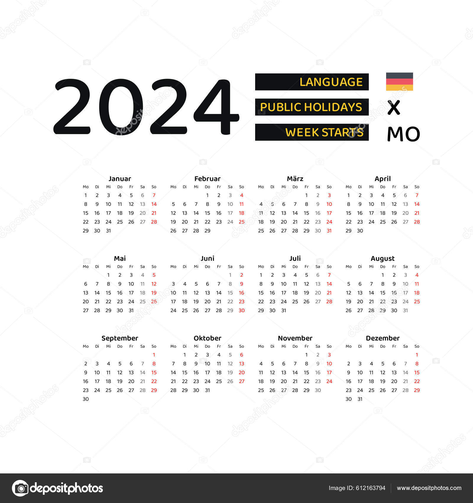 Alemania Calendario 2025 Semana Comienza Lunes Diseño Gráfico Vectorial