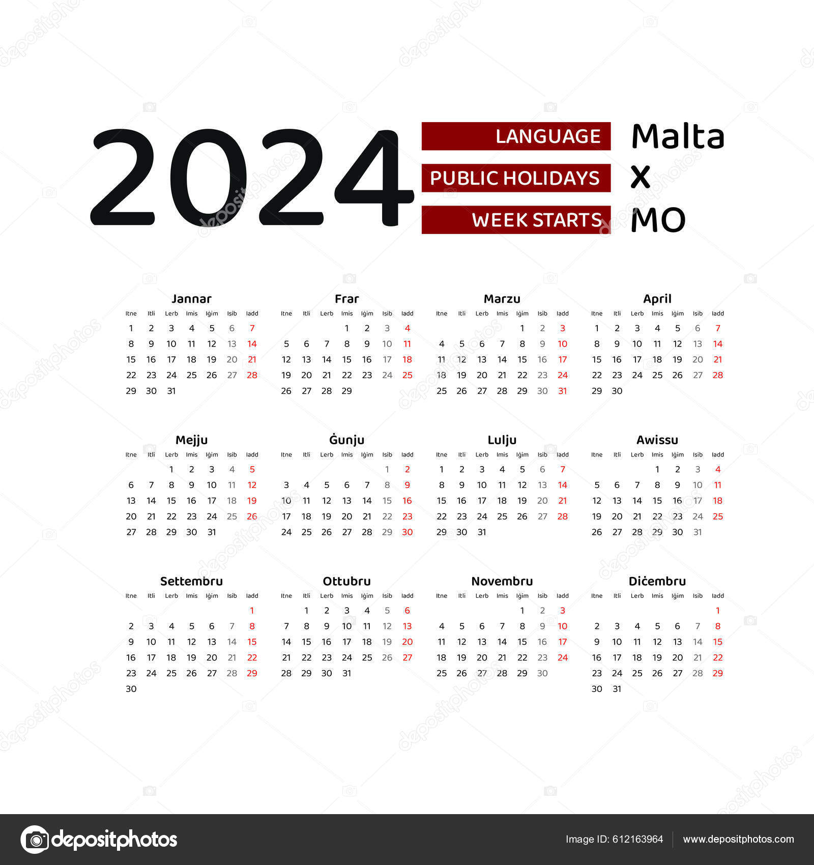 Malta Calendar 2024 Week Starts Monday Vector Graphic Design Maltese