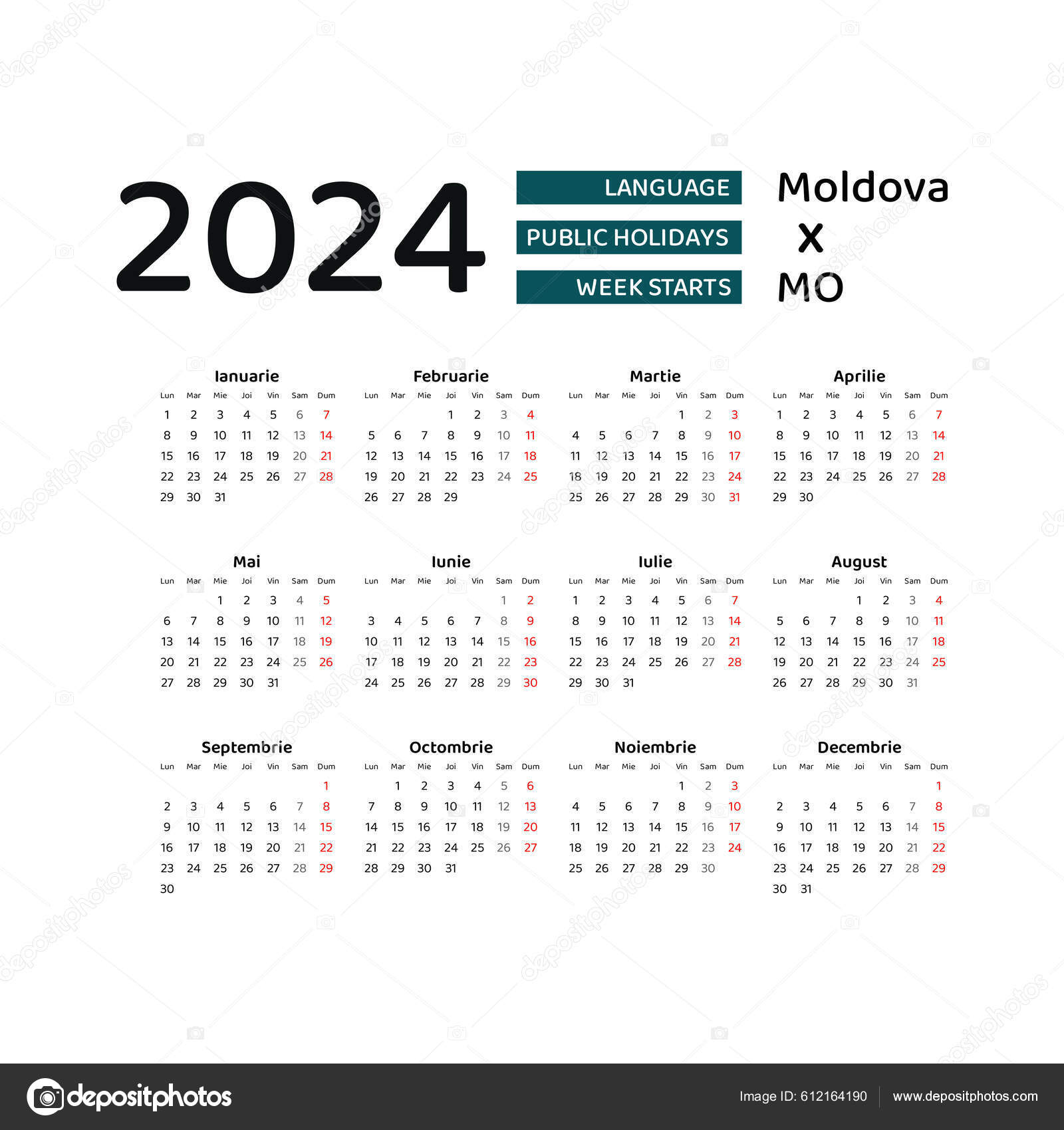 Moldova Calendar 2024 Semana Comienza Lunes Diseño Gráfico Vectorial