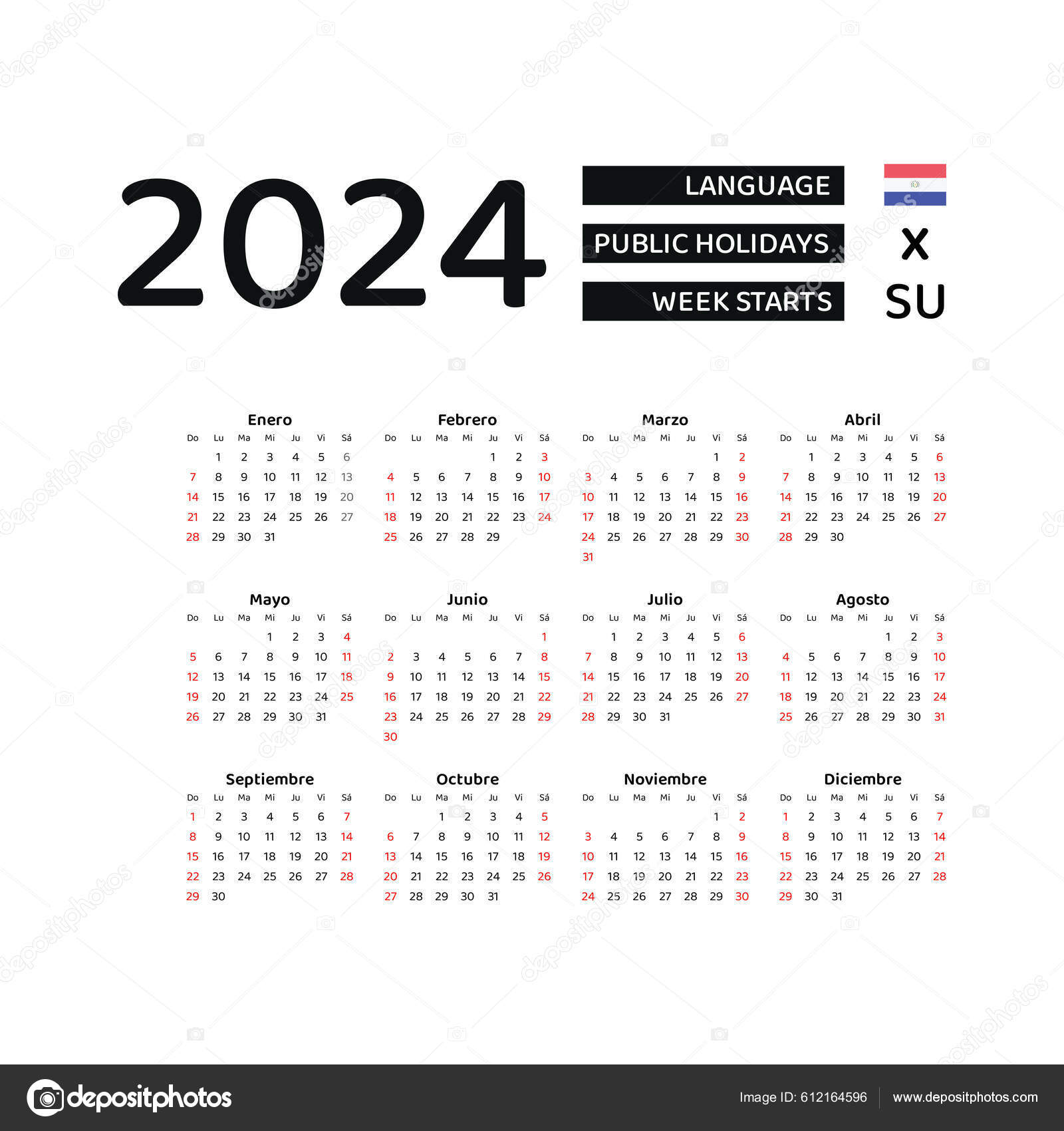 Calendário Paraguai 2025 Semana Começa Partir Domingo Design Gráfico