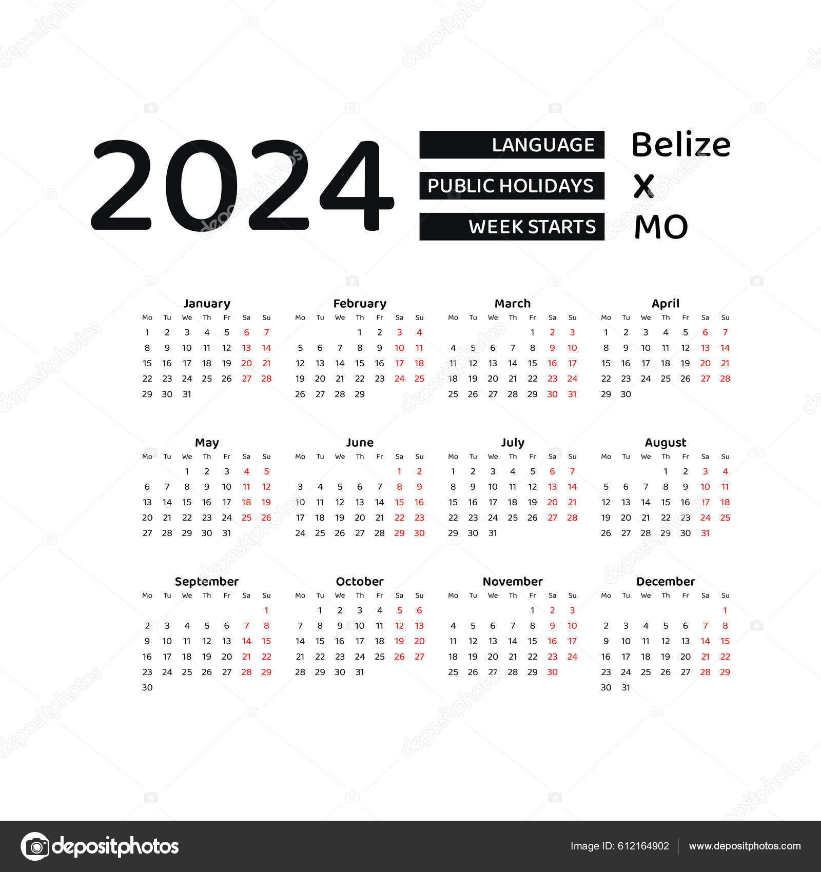 Calendário Belize 2024 Semana Começa Partir Segunda Design Gráfico
