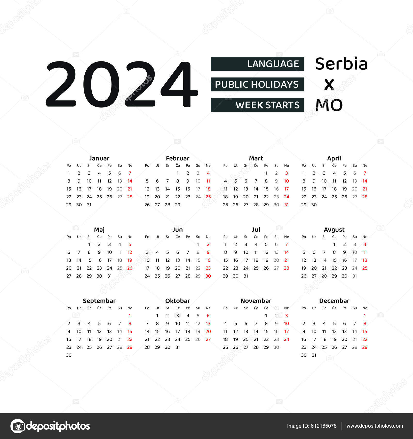 Calendario 2024 Idioma Serbio Con Serbia Festivos Semana Comienza Lunes