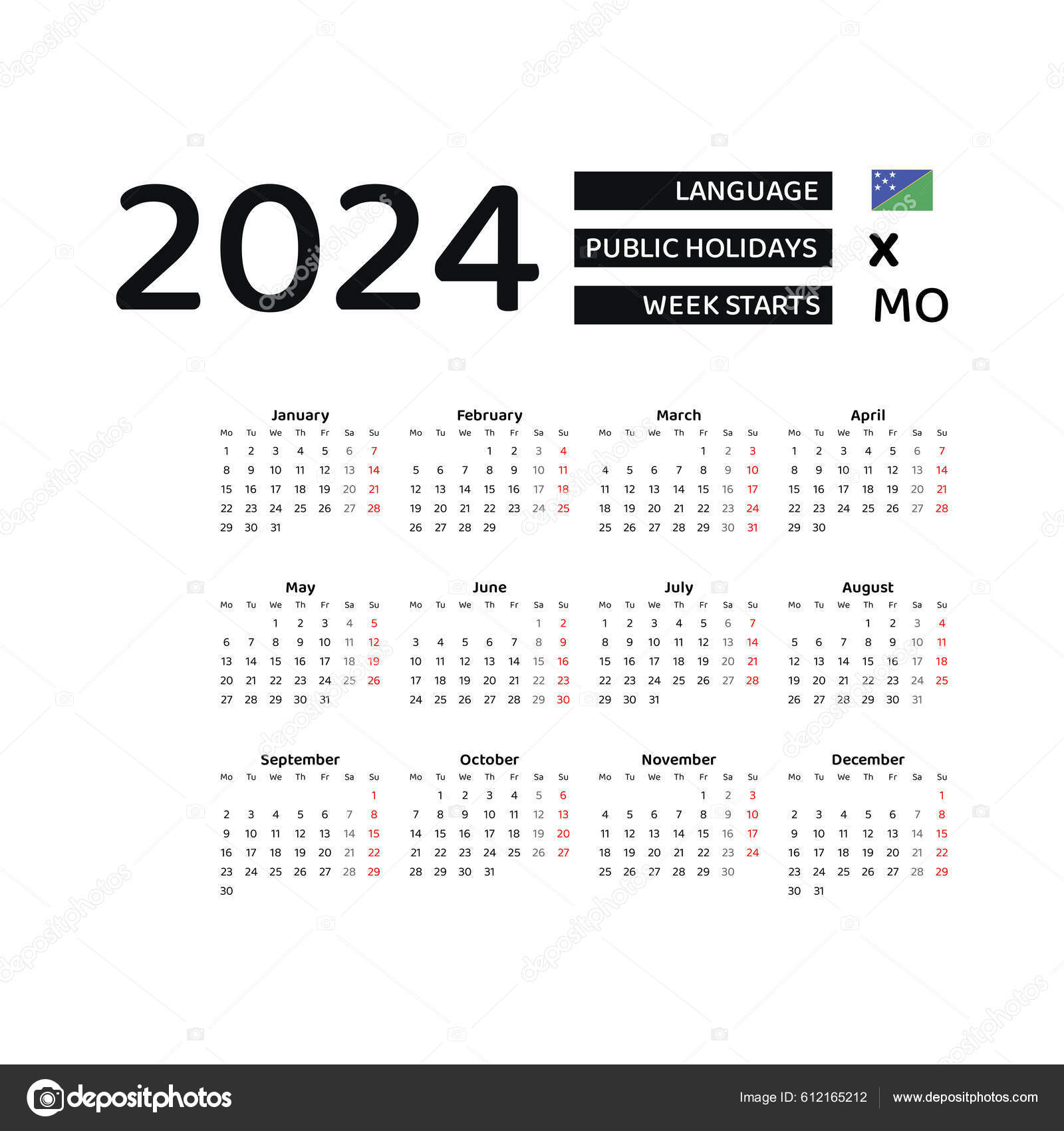 Kalender 2024 Engelstalig Met Salomonseilanden Feestdagen Week Begint