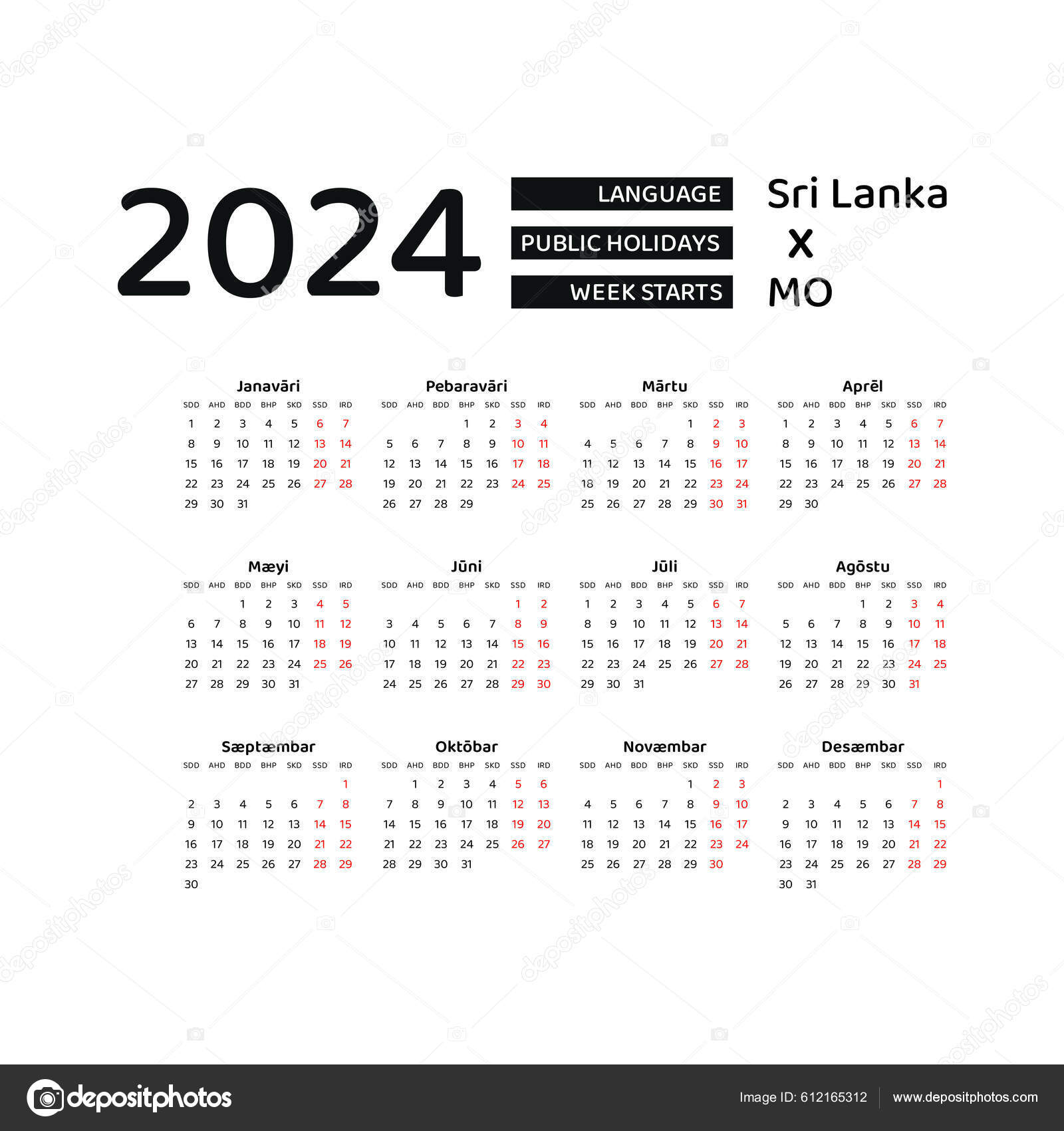 Kalender 2024 Singhalesische Sprache Mit Srilankischen Feiertagen Die
