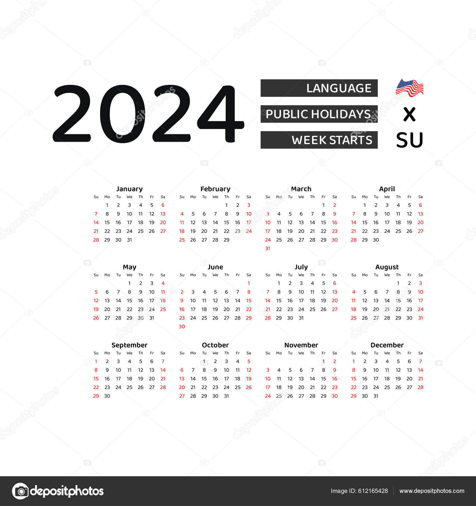 Calendario 2024 Idioma Inglés Con Estados Unidos Festivos Semana