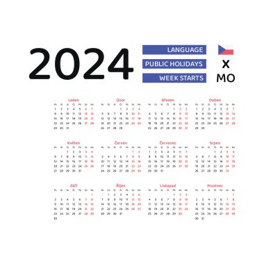 Çek takvimi 2024. Hafta pazartesiden itibaren başlıyor. Vektör grafik tasarımı. Çekçe.