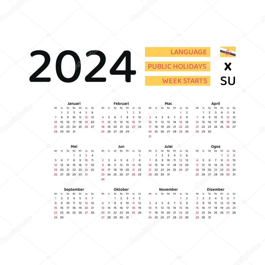 Brunei Darussalam Calendar 2024 (en inglés). La semana comienza el