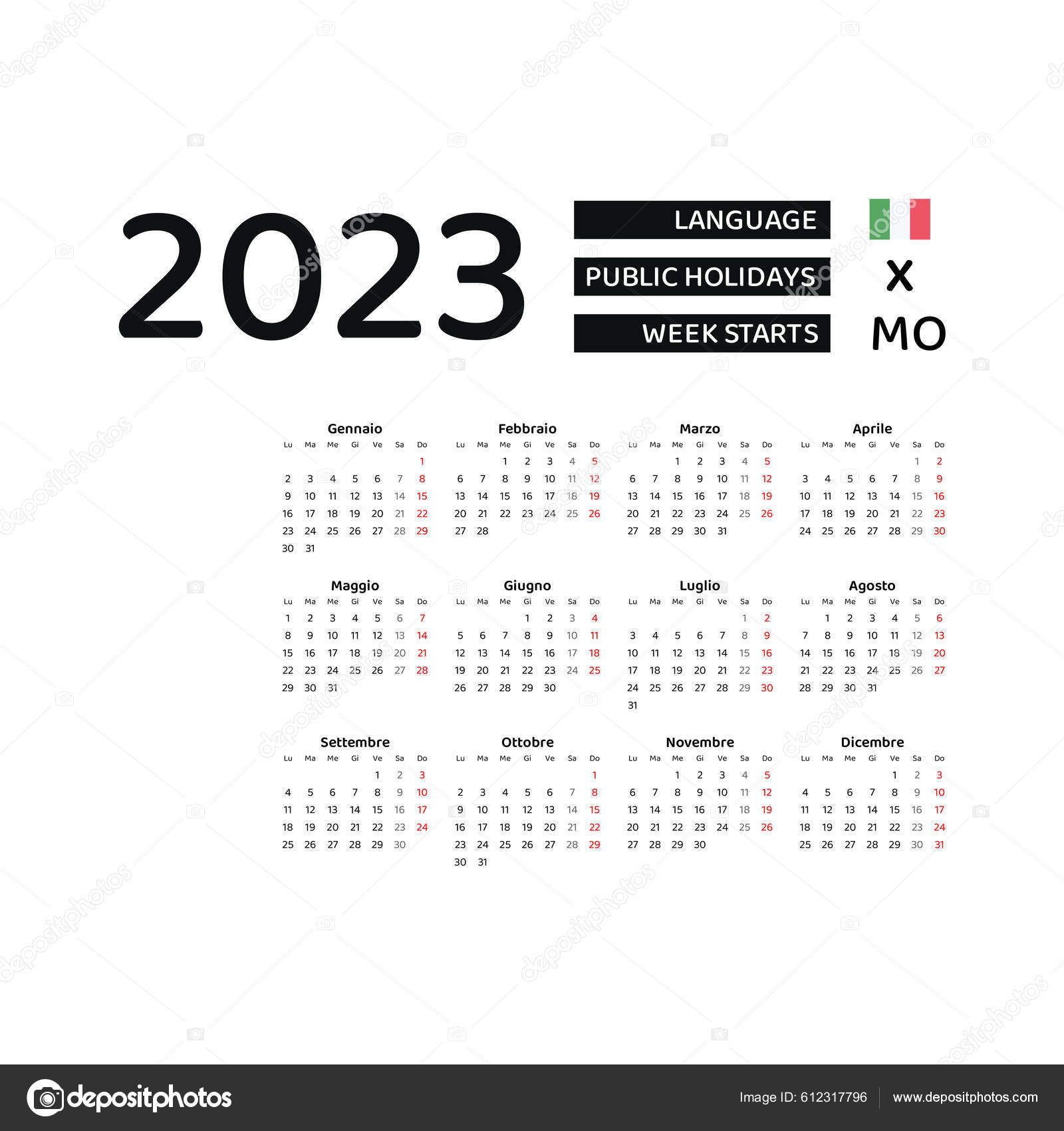 Italië Kalender 23 Week Begint Maandag Vector Grafisch Ontwerp Italiaanse Stock Vector by ©fzn79