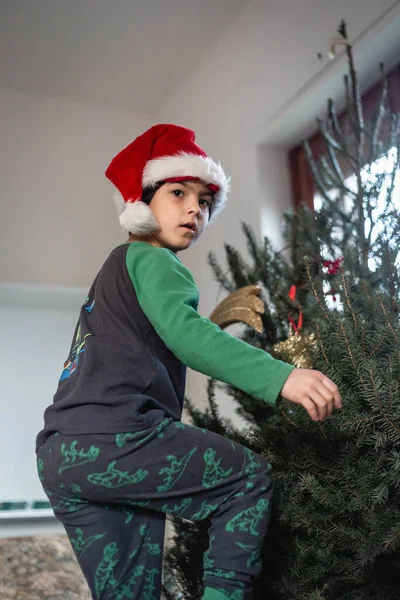 Yaşındaki Bir Kızın Düşük Açısı Gündüzleri Evdeki Noel Ağacını Süslemektir — Stok fotoğraf