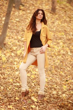 Güzel genç bir kadın ormanda bir patika boyunca yürür, sonbahar kuru yaprakları yere dökülür, yaprak düşer, Kasım.