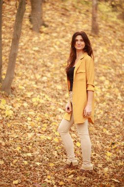 Güzel genç bir kadın ormanda bir patika boyunca yürür, sonbahar kuru yaprakları yere dökülür, yaprak düşer, Kasım.