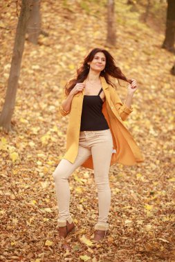 Güzel genç bir kadın ormanda bir patika boyunca yürür, sonbahar kuru yaprakları yere dökülür, yaprak düşer, Kasım.