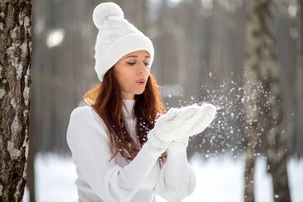 公園の冬の美しい若い女性は彼女の手のひらの雪の上に吹き 美しい雪のフレークは彼女のミトン 冬の気分 新年とクリスマスを飛びます ストックフォト