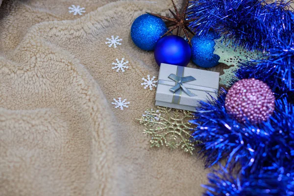 Fundo Natal Cobertor Macio Fofo Com Decorações Natal Azuis Ano — Fotografia de Stock