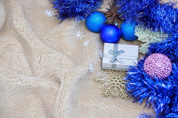 Fundo Natal Cobertor Macio Fofo Com Decorações Natal Azuis Ano — Fotografia de Stock