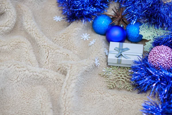 Christmas Background Soft Fluffy Blanket New Year Blue Christmas Decorations — Stock Photo, Image