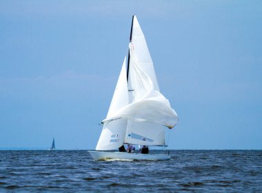 Su, deniz ve nehir üzerinde beyaz yelkenli bir yat, mavi gökyüzü, güzel bir arka plan..