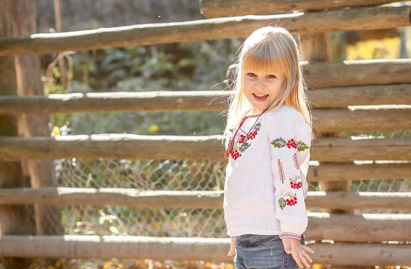 Portrait Girl Autumn Park Bright Orange Red Leaves Child — Stock Photo, Image