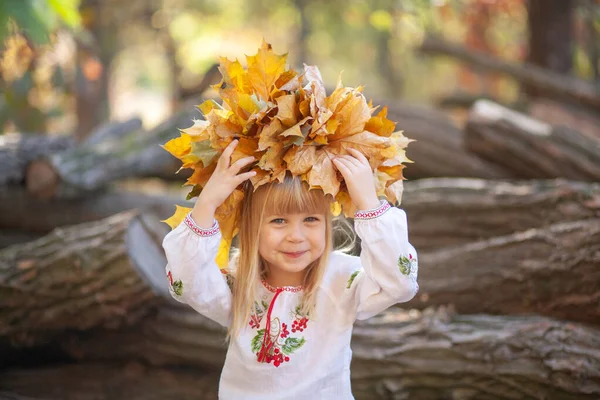 Retrato Uma Menina Parque Outono Laranja Brilhante Folhas Vermelhas Redor — Fotografia de Stock