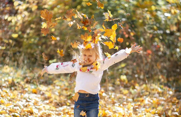 Retrato Uma Menina Parque Outono Laranja Brilhante Folhas Vermelhas Redor — Fotografia de Stock