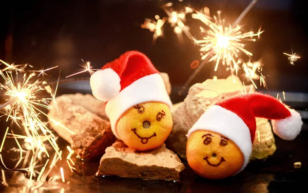 Mandarins Com Olhos Pintados Chapéus Papai Noel Contra Fundo Luzes — Fotografia de Stock