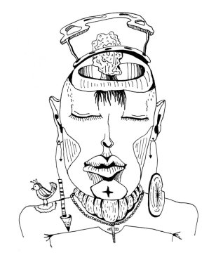 Omzunda kuş olan alışılmadık etnik bir kadının çizgisi.