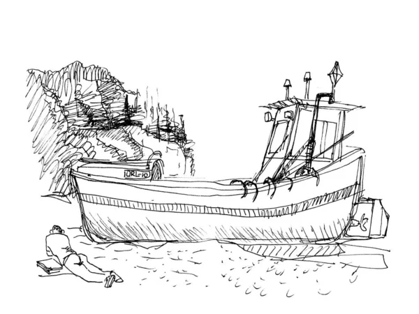 Rysunek Szkic Widok Starej Drewnianej Łodzi Nabrzeżu Pobliżu Morza Bałtyckiego — Zdjęcie stockowe