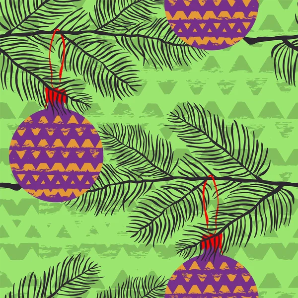 Naadloos Patroon Met Kerstboomtakken Met Ballen — Stockvector