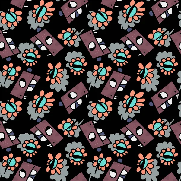 Seamless Cute Pattern Dinosurus Flowers — Stockvektor